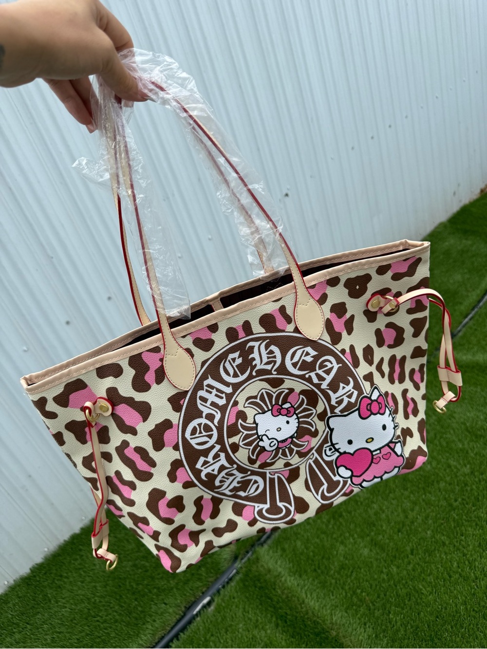 Hello Kitty Beige Tote with Pink and Brown Leopard Print